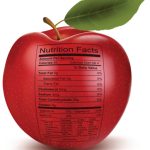 Apple with nutrition facts label. Concept of healthy food. Vecto